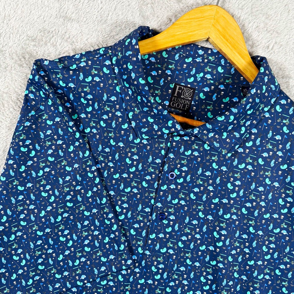 Fusion Golf Mens XL Blue Novelty Golf Cart Print Stretch Polo Shirt Short Sleeve